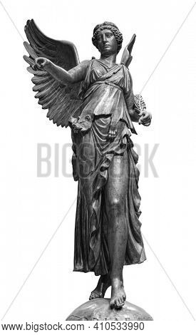 Bronze statue of a Winged Victory. Frontal view of a Statue of the goddess Nike, isolated on white background by clipping path