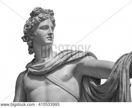 God Apollo bust sculpture. Ancient Greek god of Sun and Poetry Plaster copy of a marble statue isolated on white