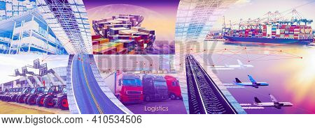 Abstract Design Background, Trucks And Transport. Highway And Delivering. Collage With Double Exposu