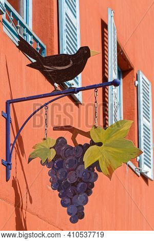 Vaux, France, February 24, 2021 : Entrance Of A Winery Shop Of Beaujolais-villages Well-know Wines.
