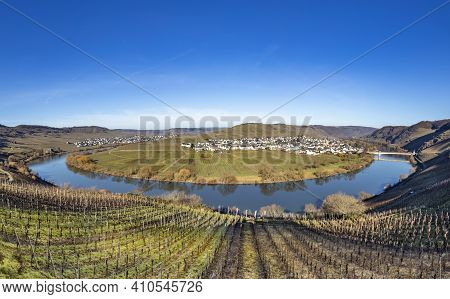Scenic Moselle River Loop With Village Trittenheim Seen From Leiwen, Germany