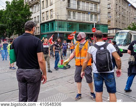 Strasbourg, France - Jun 18, 2018: Closed Tramway Line By Large Crowd Of People, Employees Of Sncf P