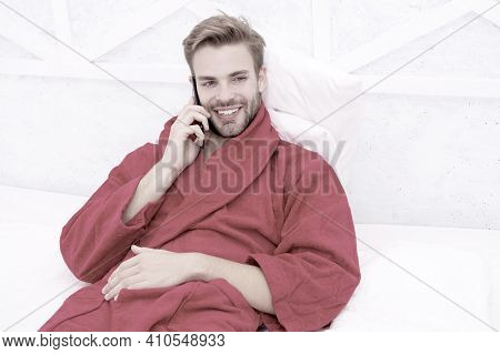 Mobile Call. Communication Mobile Phone. Good News Concept. Good Morning. Hipster Guy Pajamas Bathro