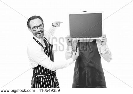 I Got It. Bearded Men With Blackboard, Copy Space. Cafe And Restaurant Opening. Menu Planning. Happy