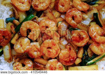 Hibachi Shrimp And Vegetables On White Rice