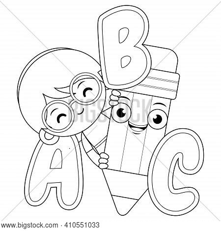 Illustration Vector Graphic Of Coloring Book For Kids. Cartoon Cute Girl Holding Pencil With Alphabe