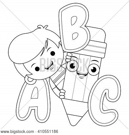 Illustration Vector Graphic Of Coloring Book For Kids. Cartoon Cute Boy Holding Pencil With Alphabet
