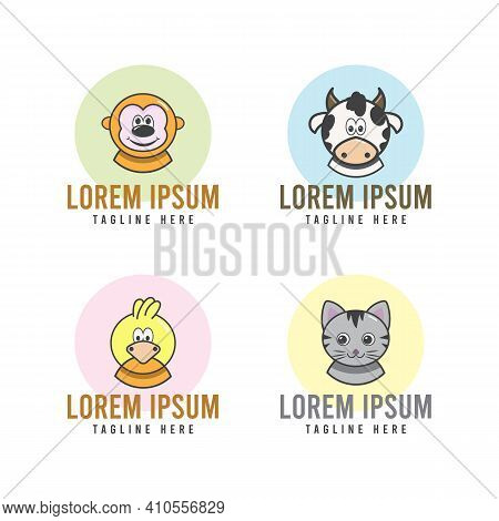 Pet Portrait Flat Icon Set With Cow Chicken Cat Monkey Isolated Vector Illustration