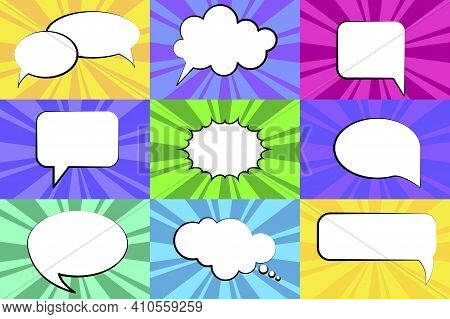 Bubble Speech Spiral On Halftone. Vector Graphics. Abstract Background Banner. Design Element. Stock