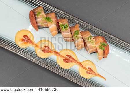 Overhead View Of Firery Taste Satisfied With These Pieces Of Sushi Stuffed With Spicy Tuna And Shrim
