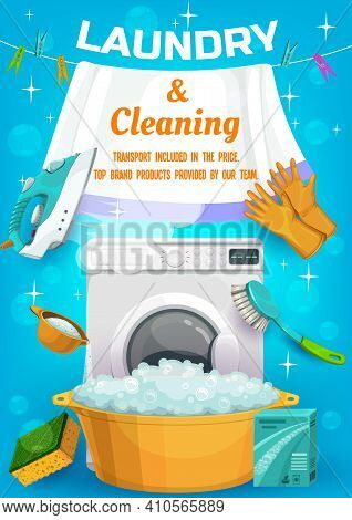 Laundry And Cleaning Service Ad With Vector Housework Tools Washing Machine, Wash Detergent And Basi