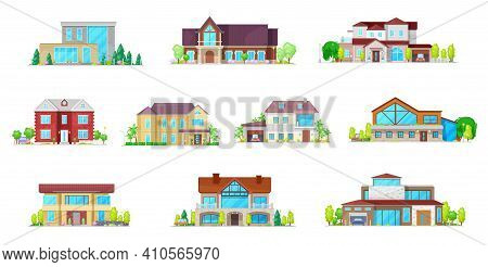 House Cottages, Bungalow And Villa Buildings Icons Set. Modern Suburbia Real Estate, Classic And Con