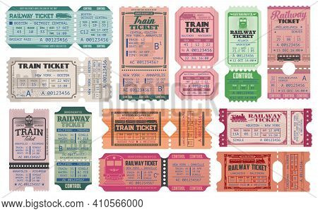 Railway And Train Retro Tickets, Admits Vector Templates Set. Intercity Train Trip Admission, Railwa