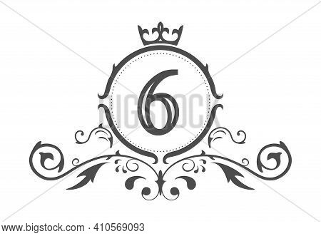 Stylized Number 6. Ornament And Crown Monogram Template For Business Cards, Logos, Emblems And Heral
