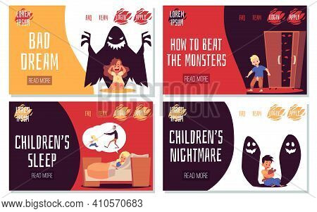 Bad Dreams, Fears And Nightmares Scare Children In Bed At Night.