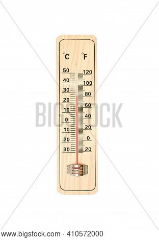 Object, Vinted Nature Wood Thermometer Displaying High 27 Degrees On White Background Isolated And C