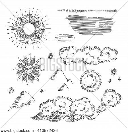 Nature Engraving Elements. Hand Drawn Antique Style Solar And Selestial Signs.