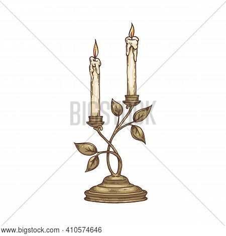 Vintage Candlestick In Shape Of Branch Engraved Vector Illustration Isolated.