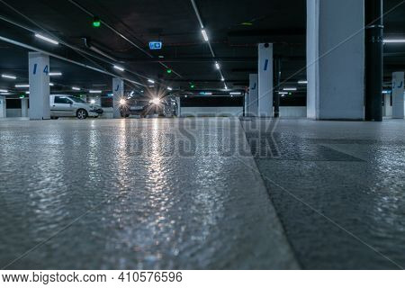 Parking Car. Empty Road Asphalt Background. Car Lot Parking Space In Underground City Garage. Interi