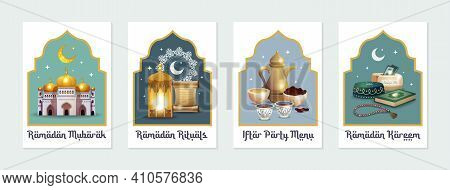 Ramadan Posters Set Of Four Isolated Colored Illustrations With Islamic Calligraphy Crescent Koran A