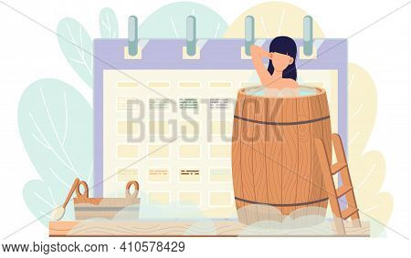Time Tracking And Time Management Concept. Sexy Girl In Wooden Barrel Is Resting And Taking Steam Ba