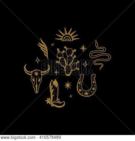 Vintage Astrology Antique Bohemian Vector Illustration. Wild West Cacti Mexican Vibes