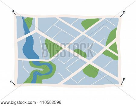 Generic City Map With Signs Of Streets, Roads And Parks. Abstract Navigation Plan Of Small Urban Are