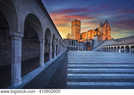 Assisi, San Francesco Or Saint Francis Basilica Church At Sunset. Perugia, Umbria, Italy, Europe.