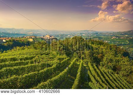 Langhe Vineyards Landscape And Castiglione Falletto Village Panorama, Unesco Site, Piedmont, Norther