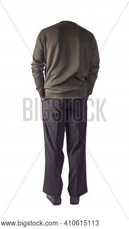 Men's Dark Green Bomber Knitten Jacket ,black Pants  And Black  Leather Shoes Isolated On White Back