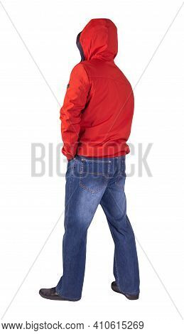 Dark Blue Jeans, Black Leather Shoes,red Jacket With A Hood Isolated On White Background. Casual Sty
