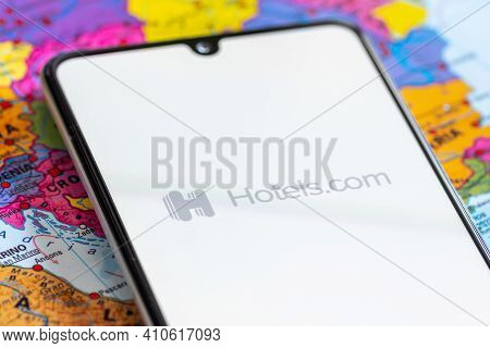Vilnius, Lithuania - March 2 2020: Close Up View Of Hotels.com Travel Agency App, Icons, Logo Displa