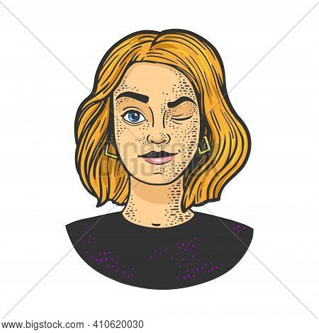 Winking Girl Portrait Color Sketch Engraving Vector Illustration. T-shirt Apparel Print Design. Scra