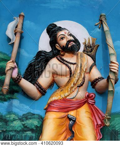 Wall Art Or Mural Applied To And Made Integral With A Wall Of Indian Hindu God Parasuram In A Temple