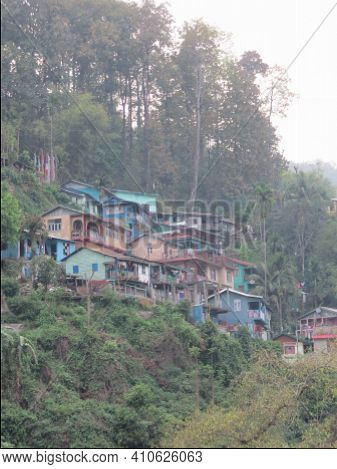 Mountain Village Teetering On A Steep Slope In Sikim Northern India