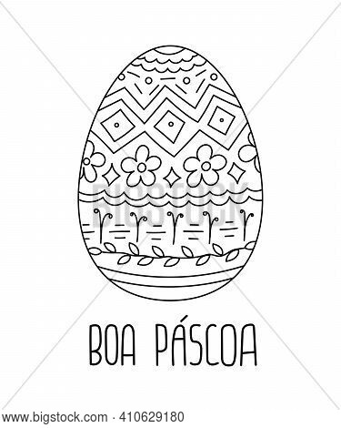 Doodle Happy Easter Phrase In Portuguese With Egg.