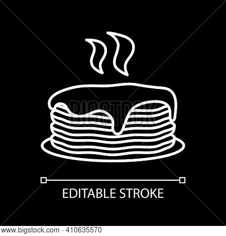 Hot Pancakes With Syrup White Linear Icon For Dark Theme. Steaming Stack Of Cakes. Thin Line Customi