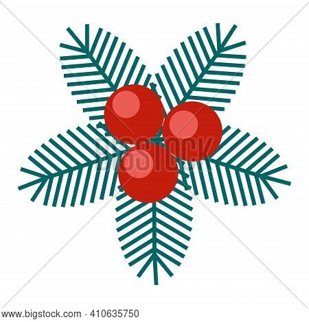 Simple Minimalistic Green Branch Of A Spruce With Needles And Red Berries. Floral Collection Of Eleg