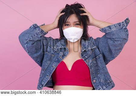 Protective Safety Outbreak Corona Virus And Heath Care Concept. Obesity Fat Woman Wear Protection Fa