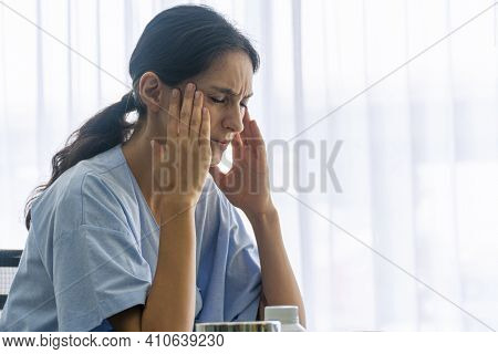 Chronic Dizzy Unhealthy Or Insurance Concept. Patient Young Woman Holding Hand On Own Head Feeling S