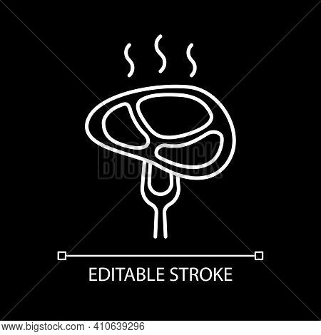 Grilled Meat White Linear Icon For Dark Theme. Steaming Cooked Pork. Hot Fillet On Fork. Thin Line C