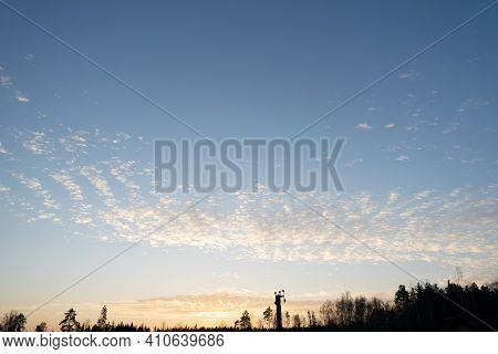 White Altocumulus Clouds With Small Sunset Glow And Trees. Small Beautiful Clouds.