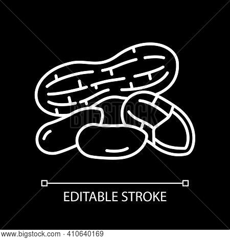Peanuts White Linear Icon For Dark Theme. Cracked Shell And Kernel Of Nuts. Diet Food. Thin Line Cus