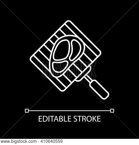 Grilled Meat White Linear Icon For Dark Theme. Cook Steak For Barbecue. Roasted Fillet. Thin Line Cu