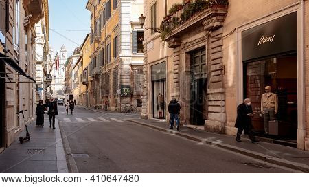 Rome, Italy - February 25, 2021: Via Dei Condotti Looking Towards Piazza Di Spagna During The Period
