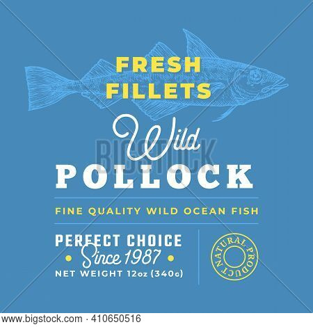 Fresh Fillets Premium Quality Label. Abstract Vector Fish Packaging Design Layout. Retro Typography 