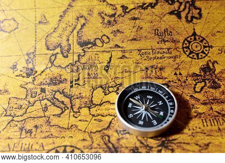 Compass On Map. Tourist Compass For Orientation On The Terrain. Magnetic Declination Alculator. Hist