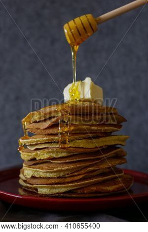 Homemade Pancakes With Sweer Honey And Butter