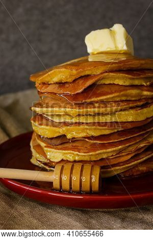 Homemade Pancakes With Sweer Honey And Butter