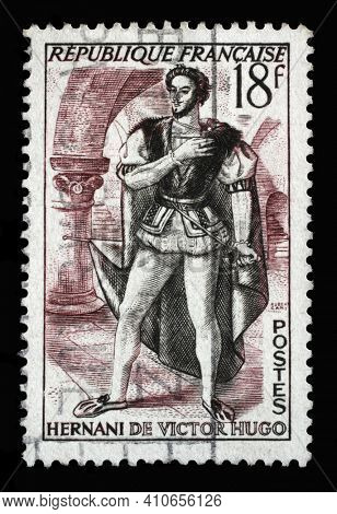 ZAGREB, CROATIA - SEPTEMBER 09, 2014: Stamp printed in the France shows image of Hernani, Hernani ou l'Honneur Castillan by Victor Hugo, Actors series, circa 1953
